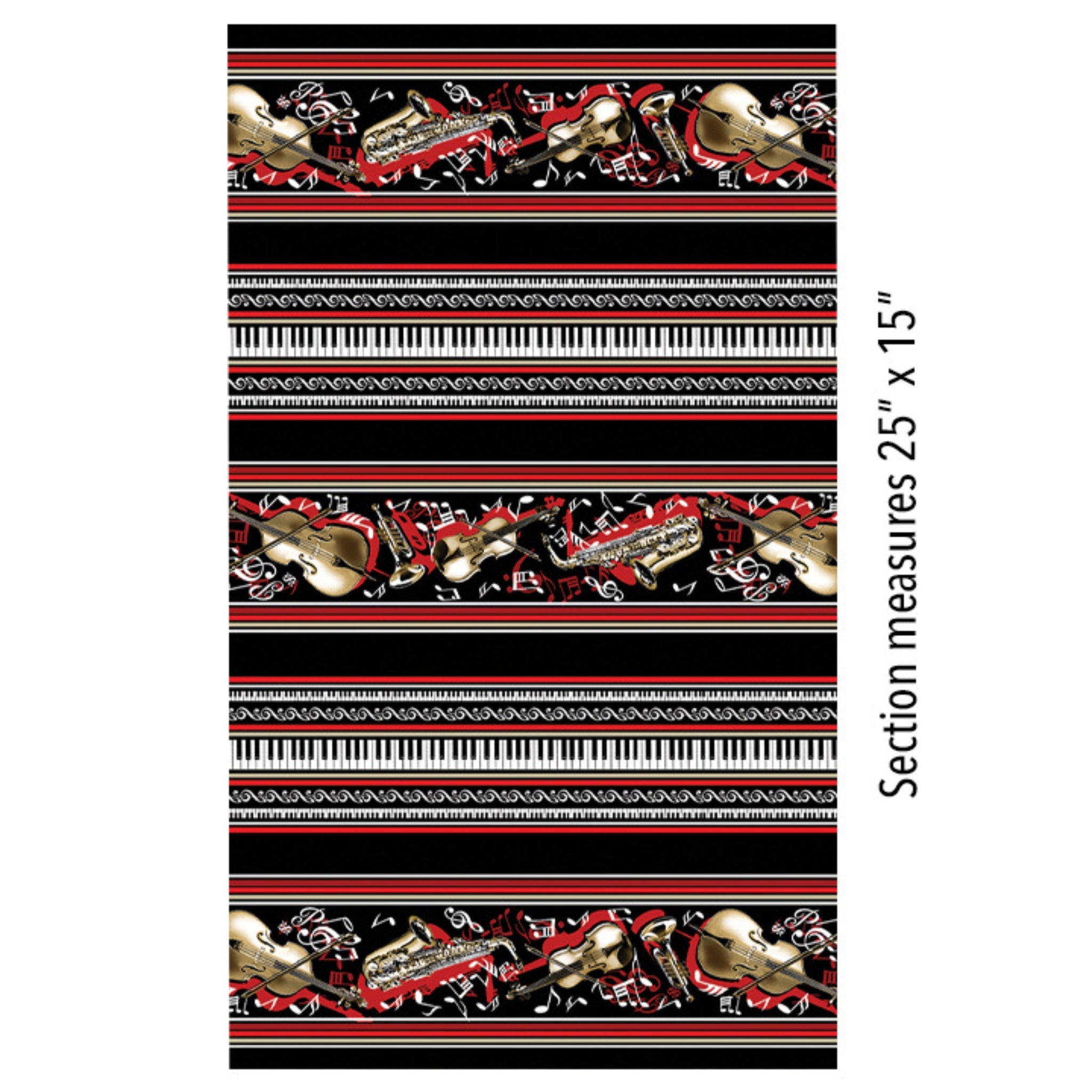 Black white red music stripe fabric with musical notes instruments piano keys for music teacher gifts musician quilts