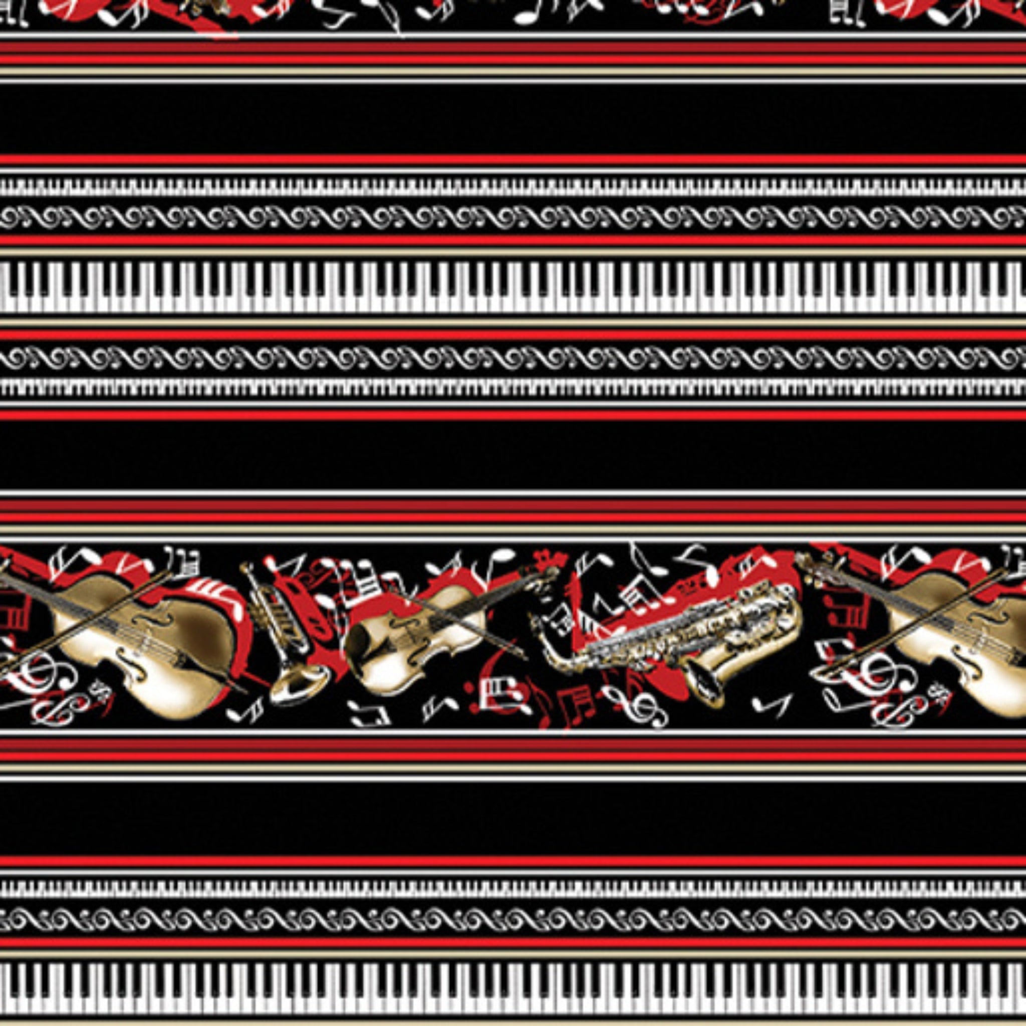 Black white red music stripe fabric with musical notes instruments piano keys for music teacher gifts musician quilts