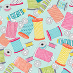 Colourful thread spools bobbins pink lime orange teal turquoise novelty sewing fabric for quilts zip pouches machine covers sewing room décor patchwork projects