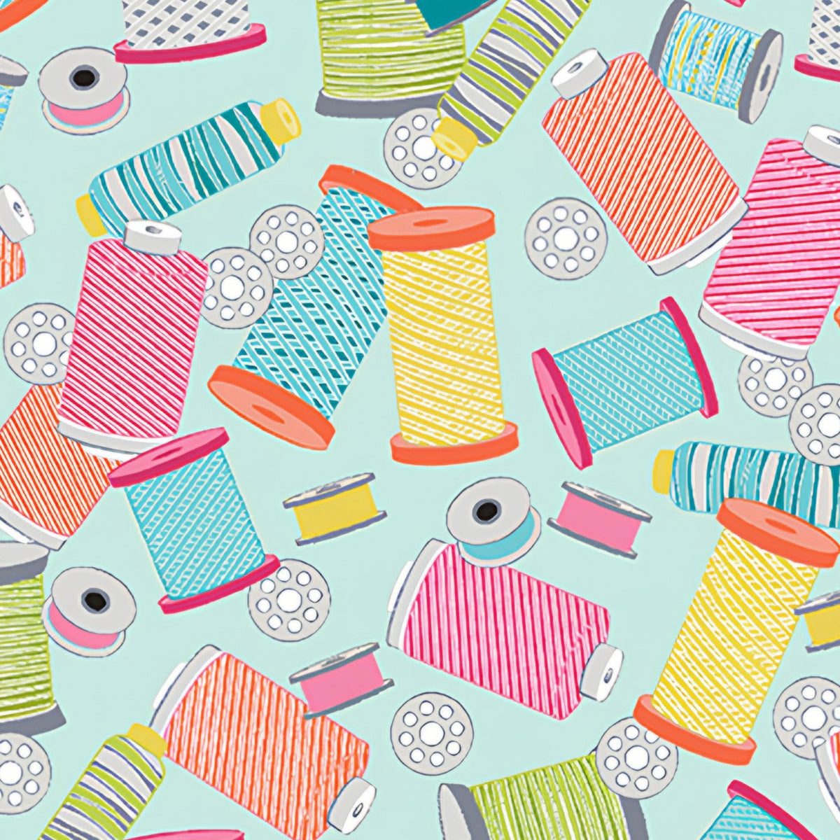 Colourful thread spools bobbins pink lime orange teal turquoise novelty sewing fabric for quilts zip pouches machine covers sewing room décor patchwork projects