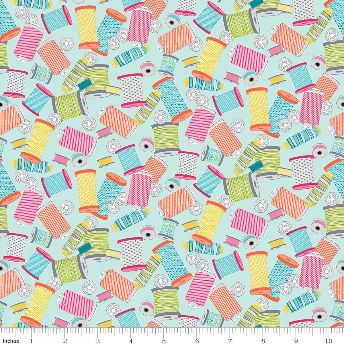 Colourful thread spools bobbins pink lime orange teal turquoise novelty sewing fabric for quilts zip pouches machine covers sewing room décor patchwork projects