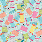 Colourful thread spools bobbins pink lime orange teal turquoise novelty sewing fabric for quilts zip pouches machine covers sewing room décor patchwork projects