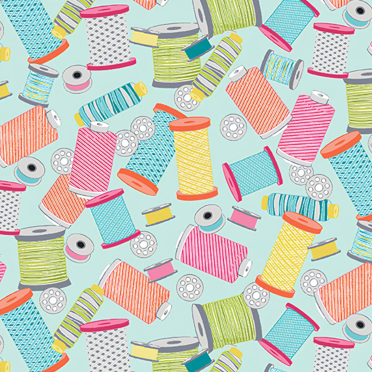 Colourful thread spools bobbins pink lime orange teal turquoise novelty sewing fabric for quilts zip pouches machine covers sewing room décor patchwork projects
