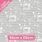 Sewing machine illustrations makers quotes words light grey novelty sewing themed fabric for quilts craft room décor tote bags patchwork projects