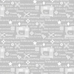 Sewing machine illustrations makers quotes words light grey novelty sewing themed fabric for quilts craft room décor tote bags patchwork projects