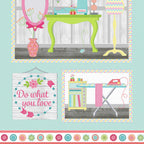 My Happy Place sewing room panel sewing machine dress form ironing board thread spools novelty fussy cut quilting cotton wall hanging cushion covers bag panels