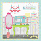 My Happy Place sewing room panel sewing machine dress form ironing board thread spools novelty fussy cut quilting cotton wall hanging cushion covers bag panels