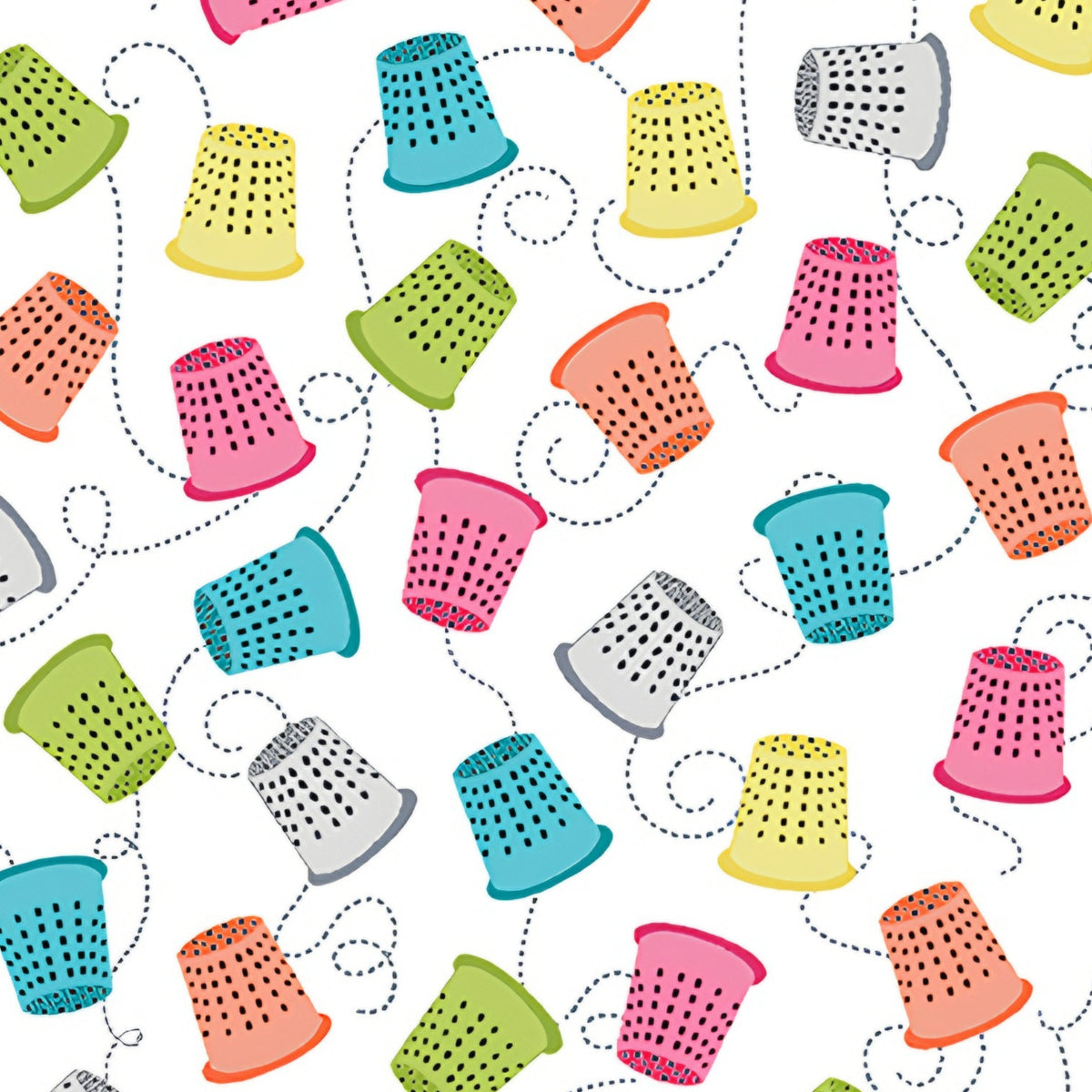 Colourful thimbles pink teal lime yellow orange dashed stitch lines white novelty sewing fabric for quilts craft room cushions tote bags zip pouches patchwork projects
