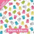 Colourful thimbles pink teal lime yellow orange dashed stitch lines white novelty sewing fabric for quilts craft room cushions tote bags zip pouches patchwork projects