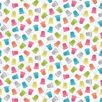 Colourful thimbles pink teal lime yellow orange dashed stitch lines white novelty sewing fabric for quilts craft room cushions tote bags zip pouches patchwork projects