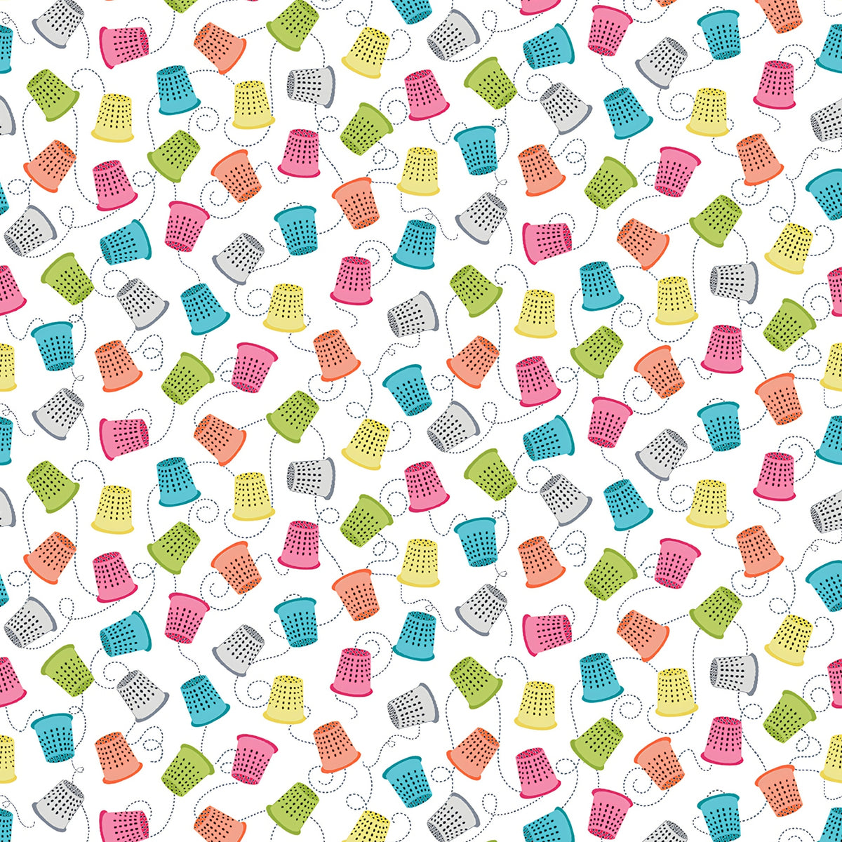 Colourful thimbles pink teal lime yellow orange dashed stitch lines white novelty sewing fabric for quilts craft room cushions tote bags zip pouches patchwork projects
