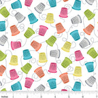 Colourful thimbles pink teal lime yellow orange dashed stitch lines white novelty sewing fabric for quilts craft room cushions tote bags zip pouches patchwork projects