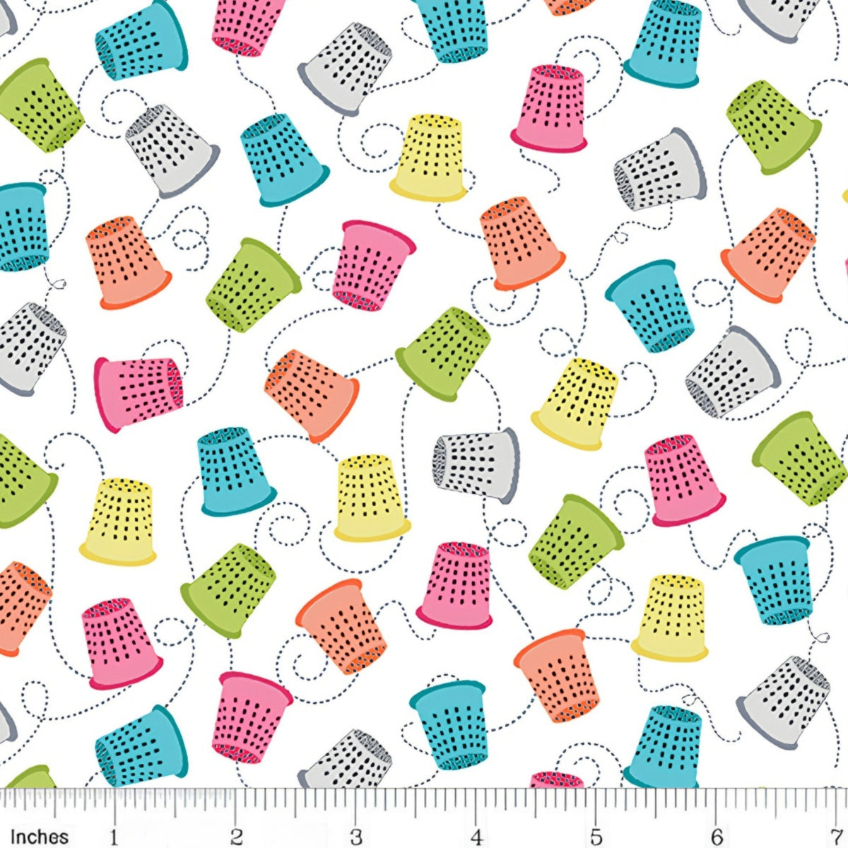 Colourful thimbles pink teal lime yellow orange dashed stitch lines white novelty sewing fabric for quilts craft room cushions tote bags zip pouches patchwork projects