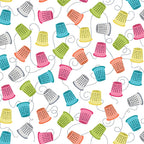 Colourful thimbles pink teal lime yellow orange dashed stitch lines white novelty sewing fabric for quilts craft room cushions tote bags zip pouches patchwork projects