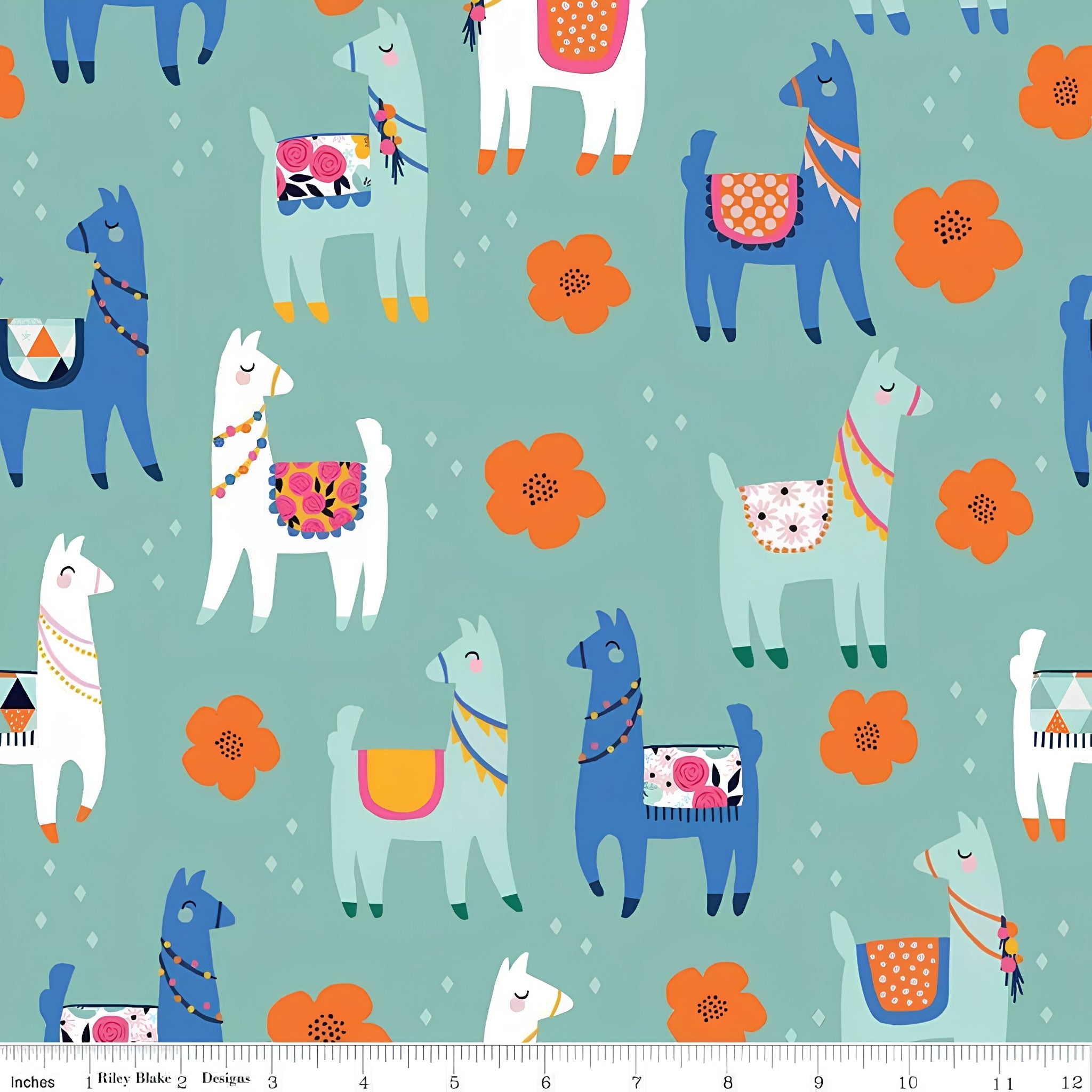 Cute novelty llamas blue white orange flowers mint teal fabric for girls quilts tween bedroom projects and novelty patchwork sewing