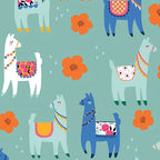 Cute novelty llamas blue white orange flowers mint teal fabric for girls quilts tween bedroom projects and novelty patchwork sewing