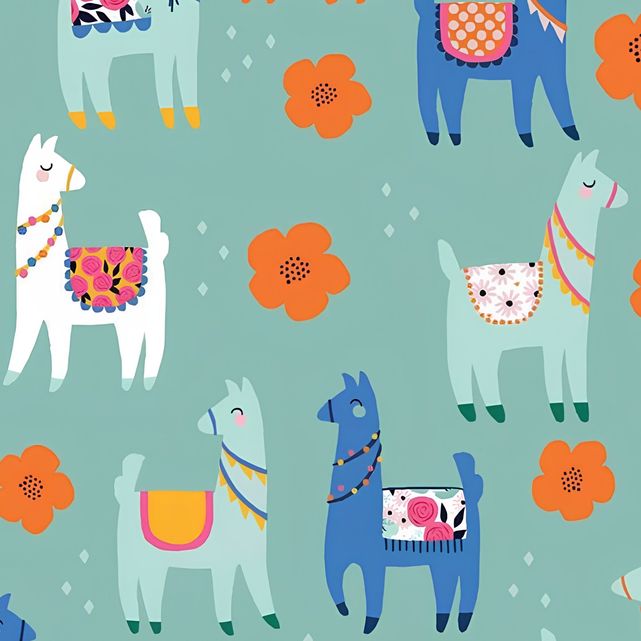 Cute novelty llamas blue white orange flowers mint teal fabric for girls quilts tween bedroom projects and novelty patchwork sewing