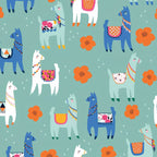 Cute novelty llamas blue white orange flowers mint teal fabric for girls quilts tween bedroom projects and novelty patchwork sewing