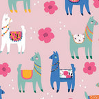 Cute novelty llamas teal blue white colourful saddles pink blooms pink background fabric for girls quilts tween bedroom projects and novelty patchwork sewing