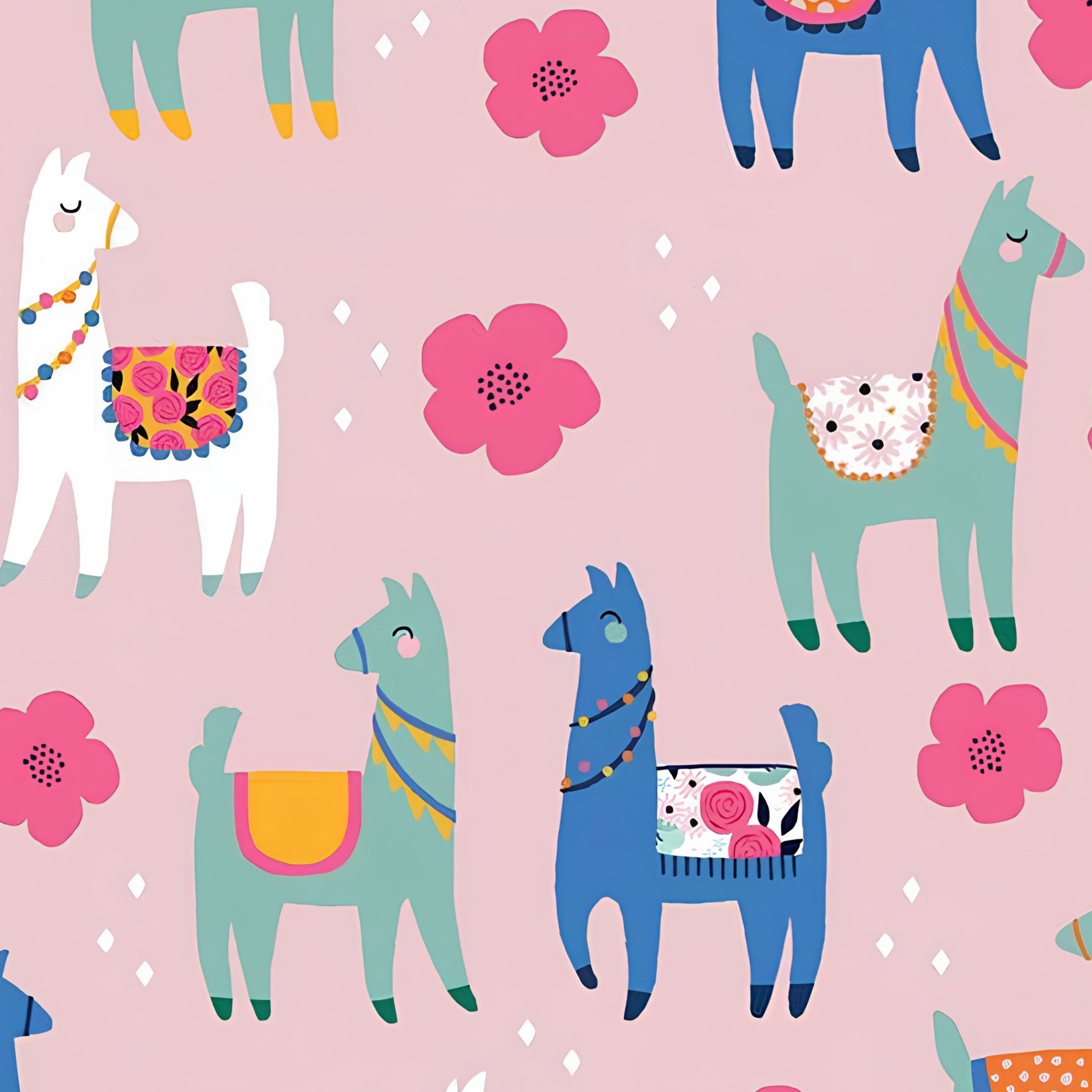 Cute novelty llamas teal blue white colourful saddles pink blooms pink background fabric for girls quilts tween bedroom projects and novelty patchwork sewing