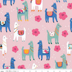 Cute novelty llamas teal blue white colourful saddles pink blooms pink background fabric for girls quilts tween bedroom projects and novelty patchwork sewing
