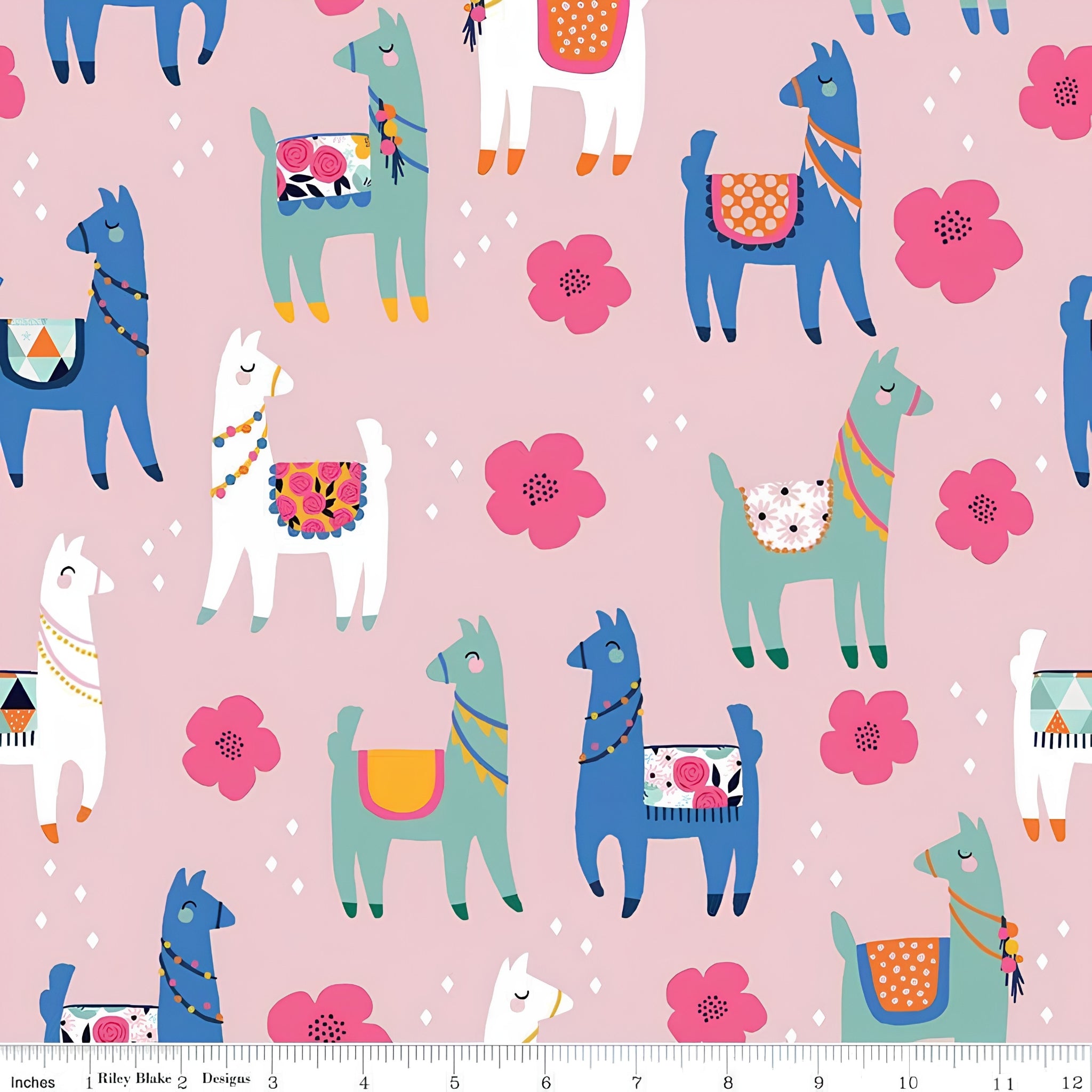 Cute novelty llamas teal blue white colourful saddles pink blooms pink background fabric for girls quilts tween bedroom projects and novelty patchwork sewing