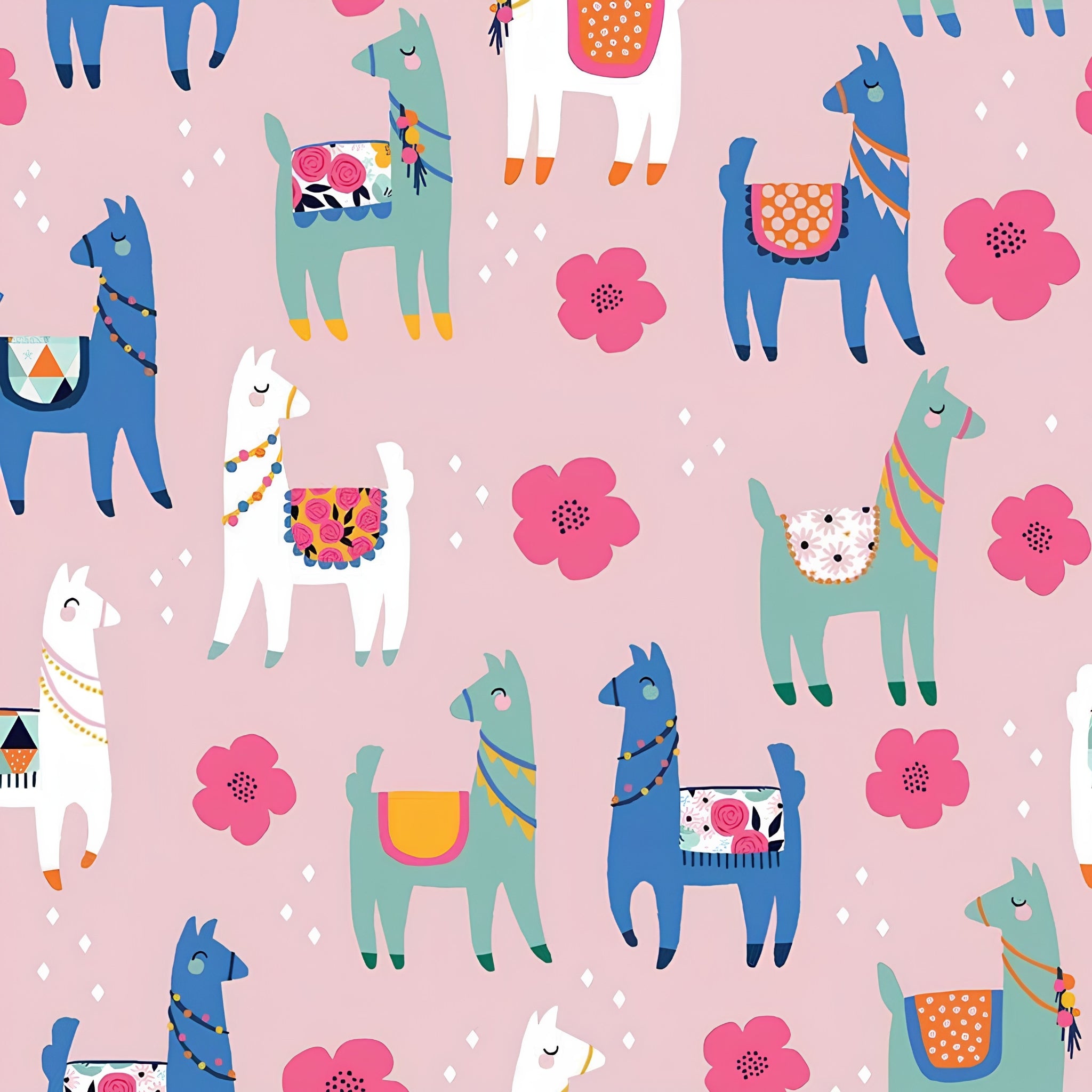 Cute novelty llamas teal blue white colourful saddles pink blooms pink background fabric for girls quilts tween bedroom projects and novelty patchwork sewing