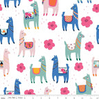 Cute novelty llamas blue mint pink flowers white fabric for girls quilts tween bedroom projects and novelty patchwork sewing