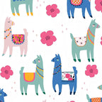 Cute novelty llamas blue mint pink flowers white fabric for girls quilts tween bedroom projects and novelty patchwork sewing