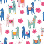 Cute novelty llamas blue mint pink flowers white fabric for girls quilts tween bedroom projects and novelty patchwork sewing