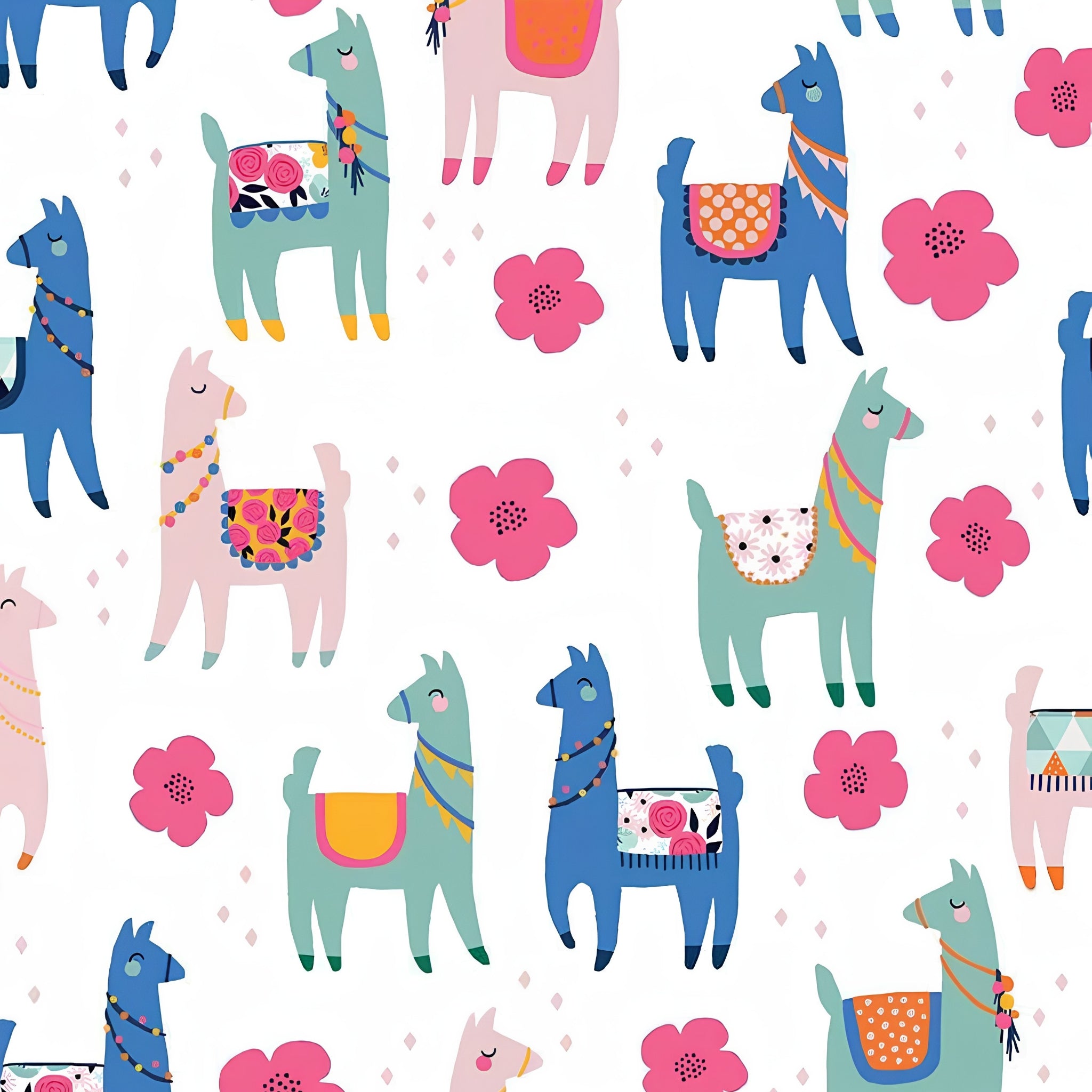 Cute novelty llamas blue mint pink flowers white fabric for girls quilts tween bedroom projects and novelty patchwork sewing