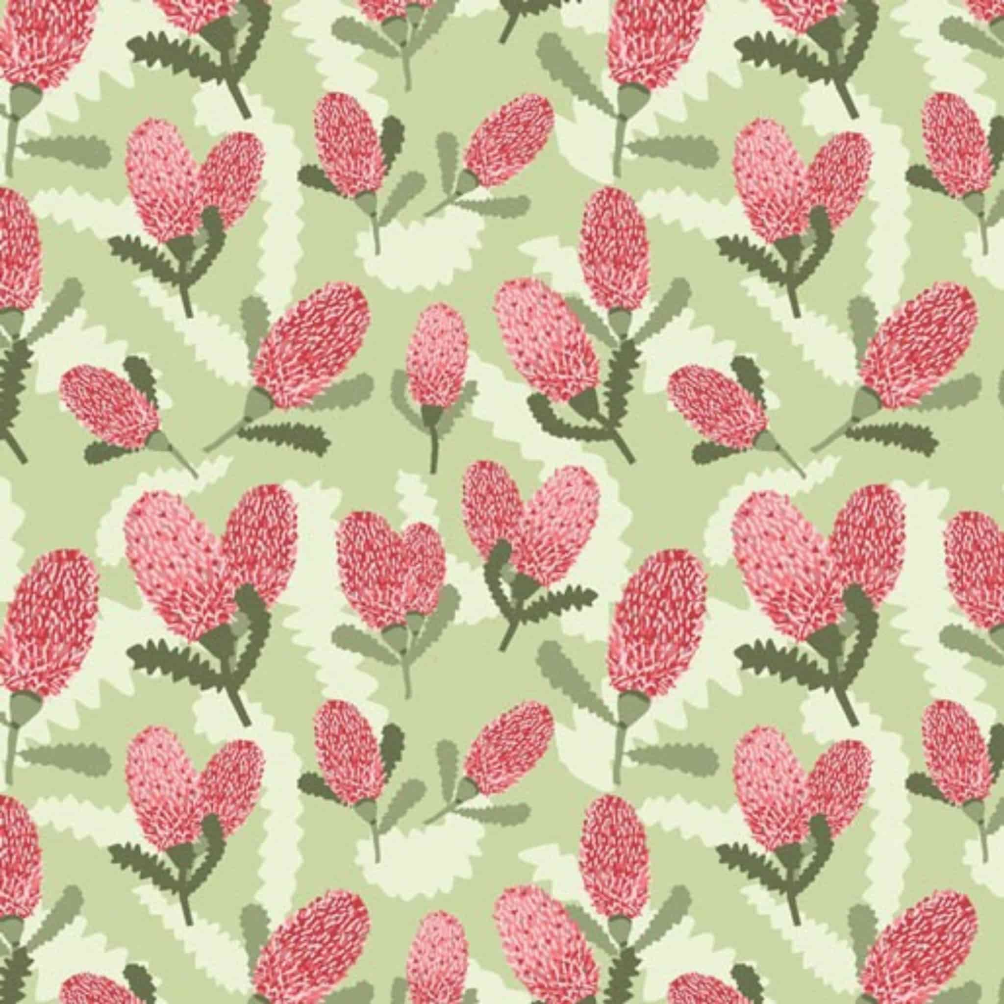 Australian banksia flowers on green quilting cotton patchwork fabric for sewing projects
