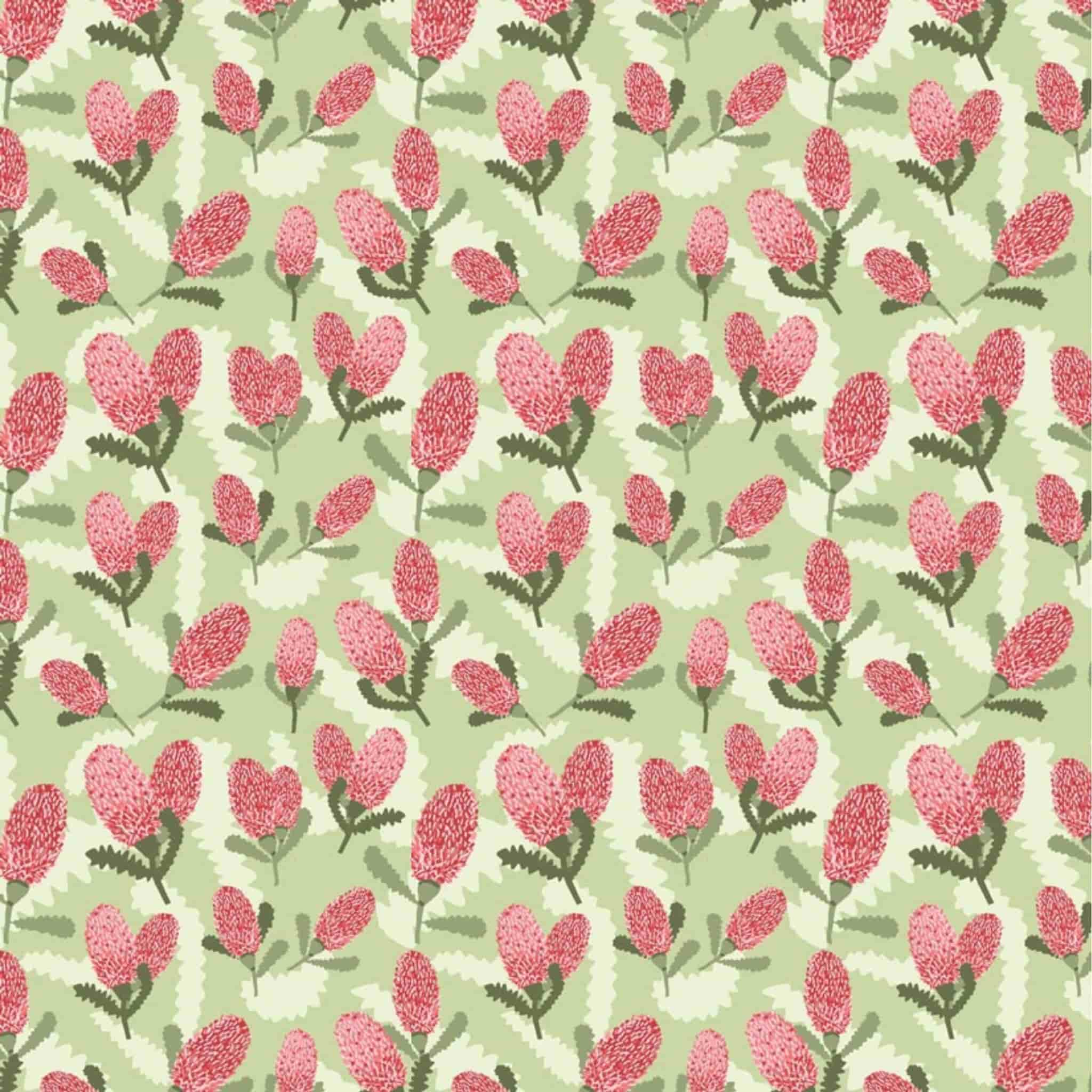 Australian banksia flowers on green quilting cotton patchwork fabric for sewing projects