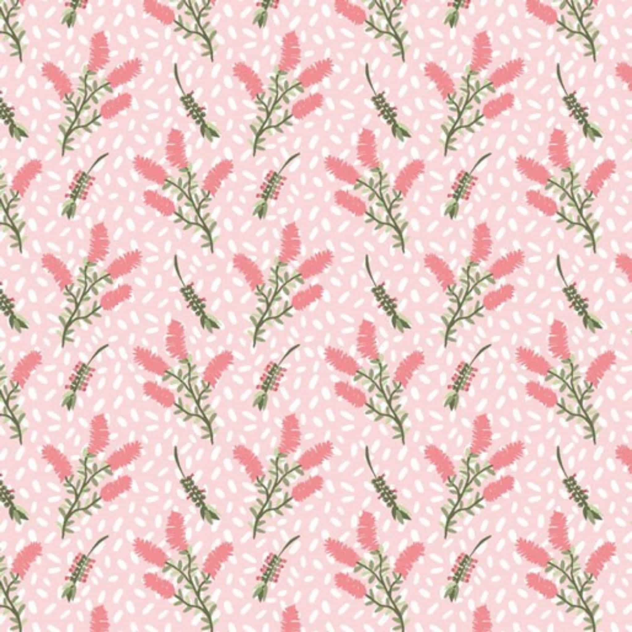 Australian bottlebrush flowers on pink quilting cotton patchwork fabric for sewing projects