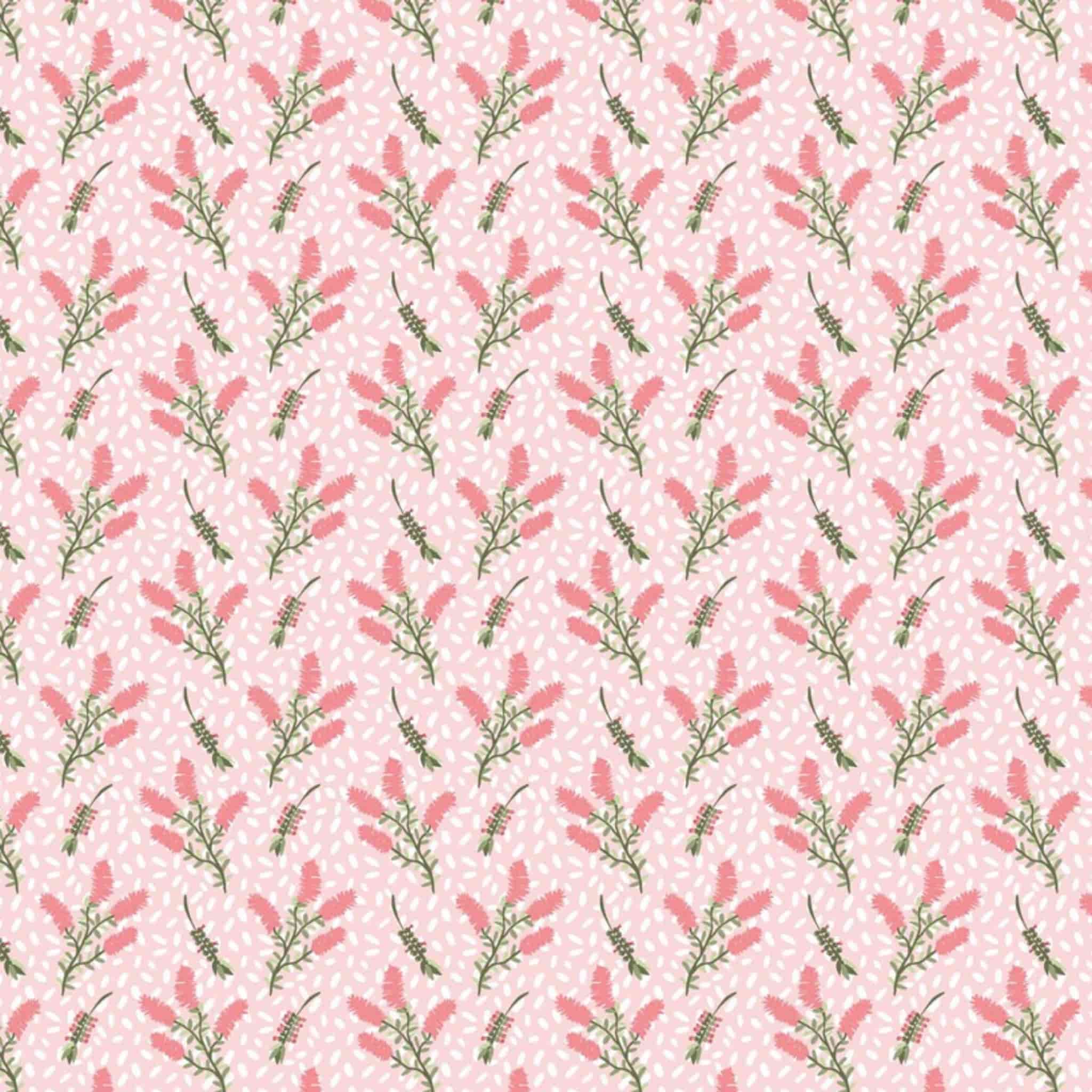 Australian bottlebrush flowers on pink quilting cotton patchwork fabric for sewing projects