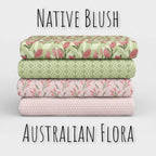 Native Blush Australian flora quilting cotton patchwork fabric bundle with banksia and bottlebrush prints in pink and green for sewing