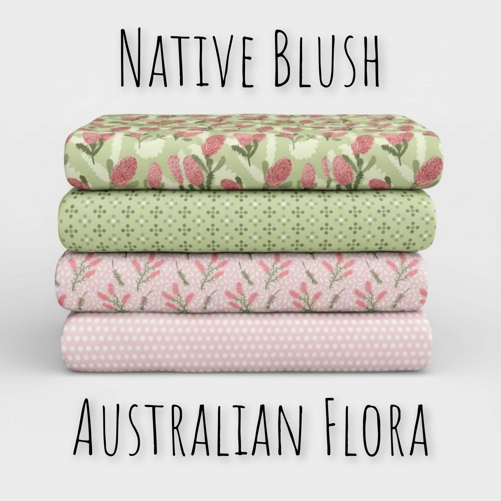 Native Blush Australian flora quilting cotton patchwork fabric bundle with banksia and bottlebrush prints in pink and green for sewing