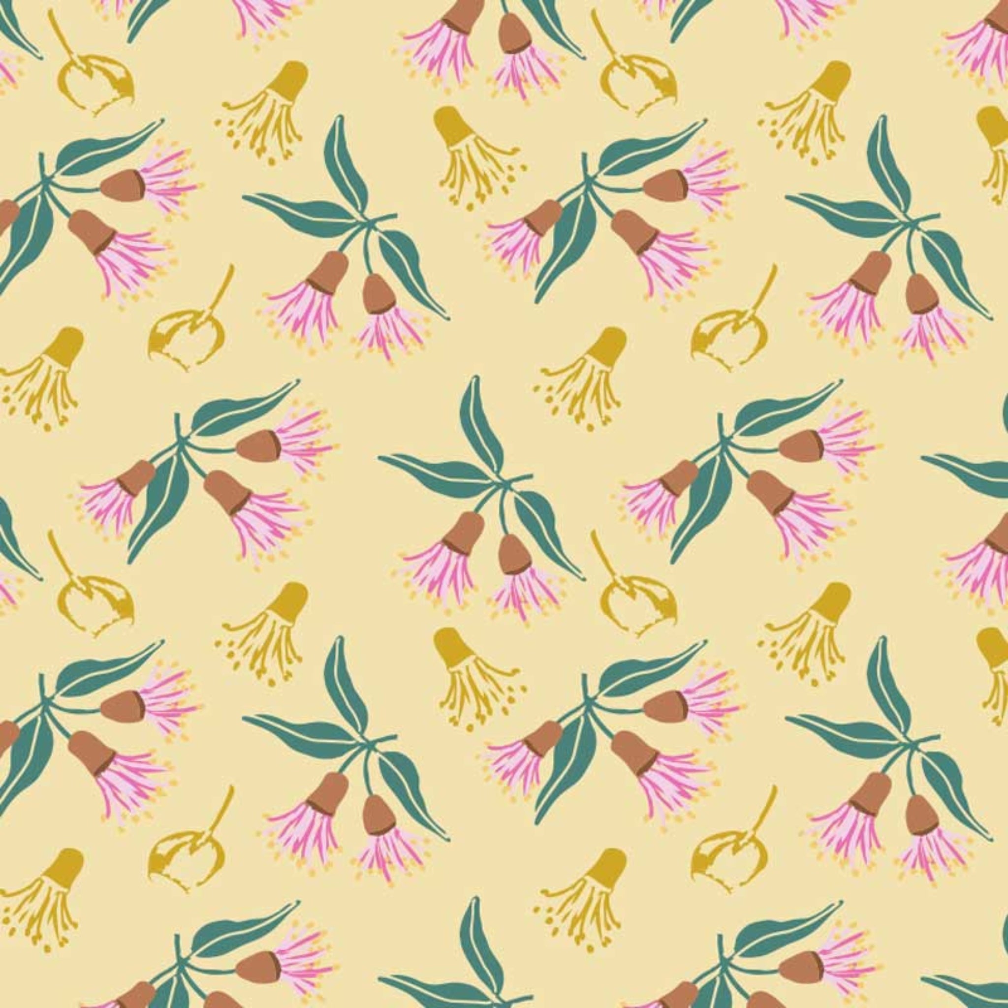 Gum blossoms pink coral butter yellow fabric for Australian-themed quilts and patchwork projects