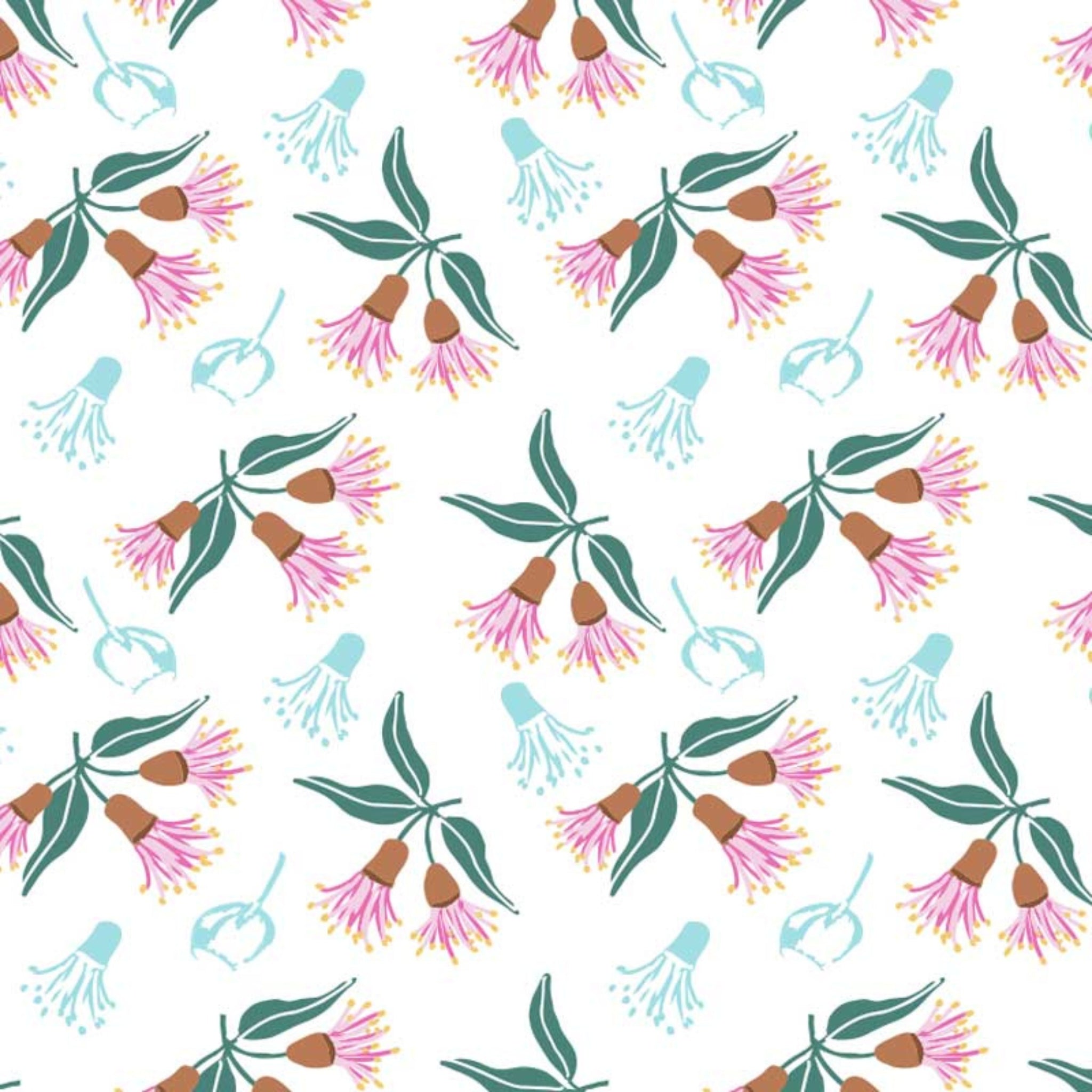 Gum blossoms pink aqua white fabric for Australian-themed quilts and patchwork projects