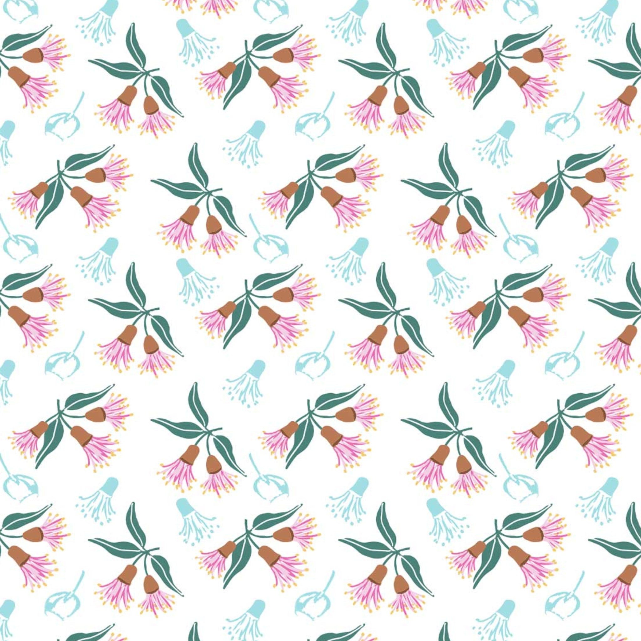 Gum blossoms native pink aqua white fabric for Australian-themed quilts and patchwork projects