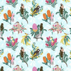 Native Australian flora fauna banksia protea birds aqua fabric for Australian-themed quilts and patchwork projects
