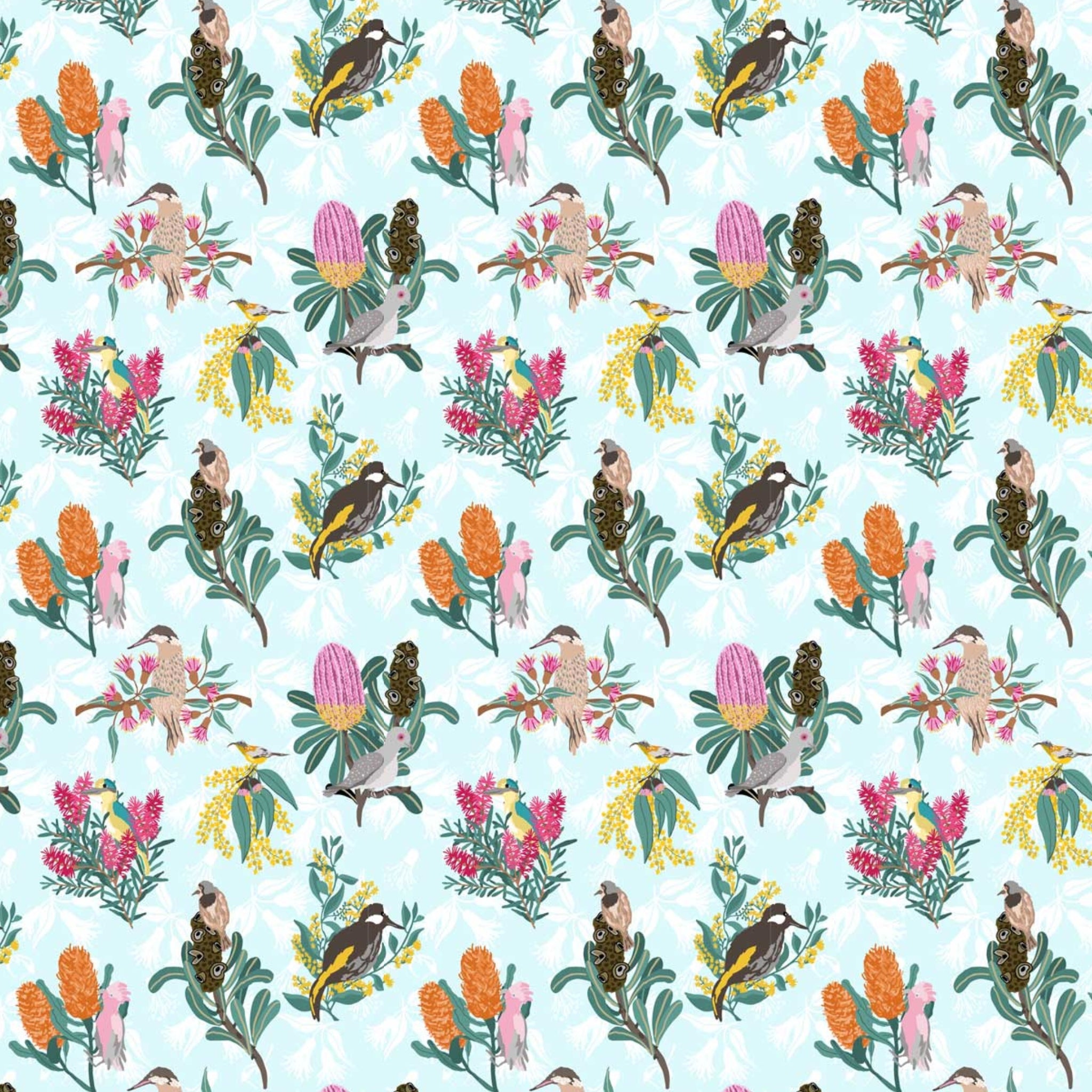 Native Australian flora fauna banksia protea birds aqua fabric for Australian-themed quilts and patchwork projects