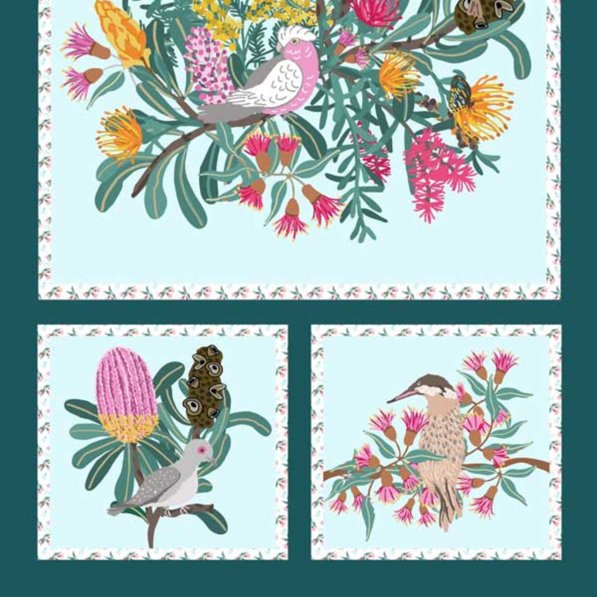 Native Bouquet panel Australian flora fauna banksia protea galah kingfisher aqua fabric for wall hangings cushions and patchwork projects