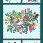 Native Bouquet panel Australian flora fauna banksia protea galah kingfisher aqua fabric for wall hangings cushions and patchwork projects