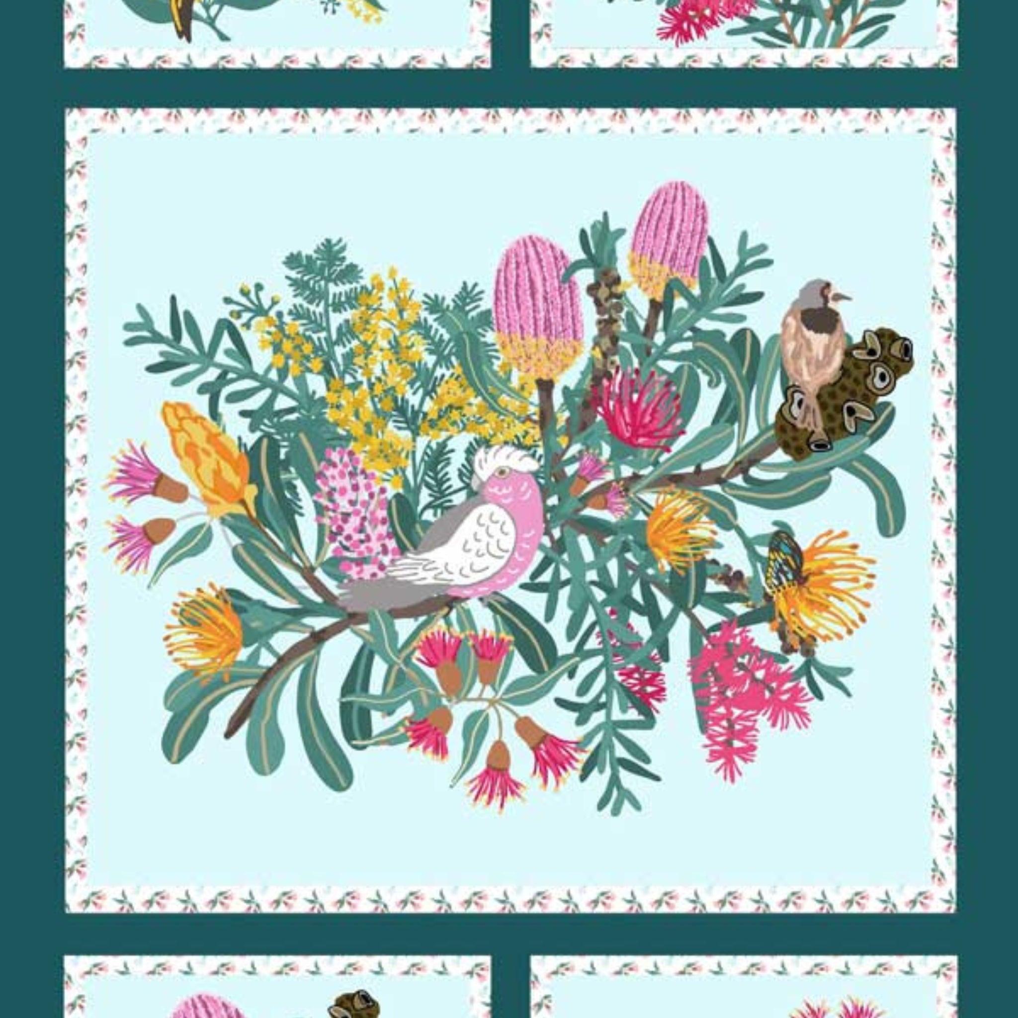 Native Bouquet panel Australian flora fauna banksia protea galah kingfisher aqua fabric for wall hangings cushions and patchwork projects