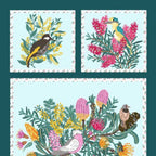 Native Bouquet panel Australian flora fauna banksia protea galah kingfisher aqua fabric for wall hangings cushions and patchwork projects