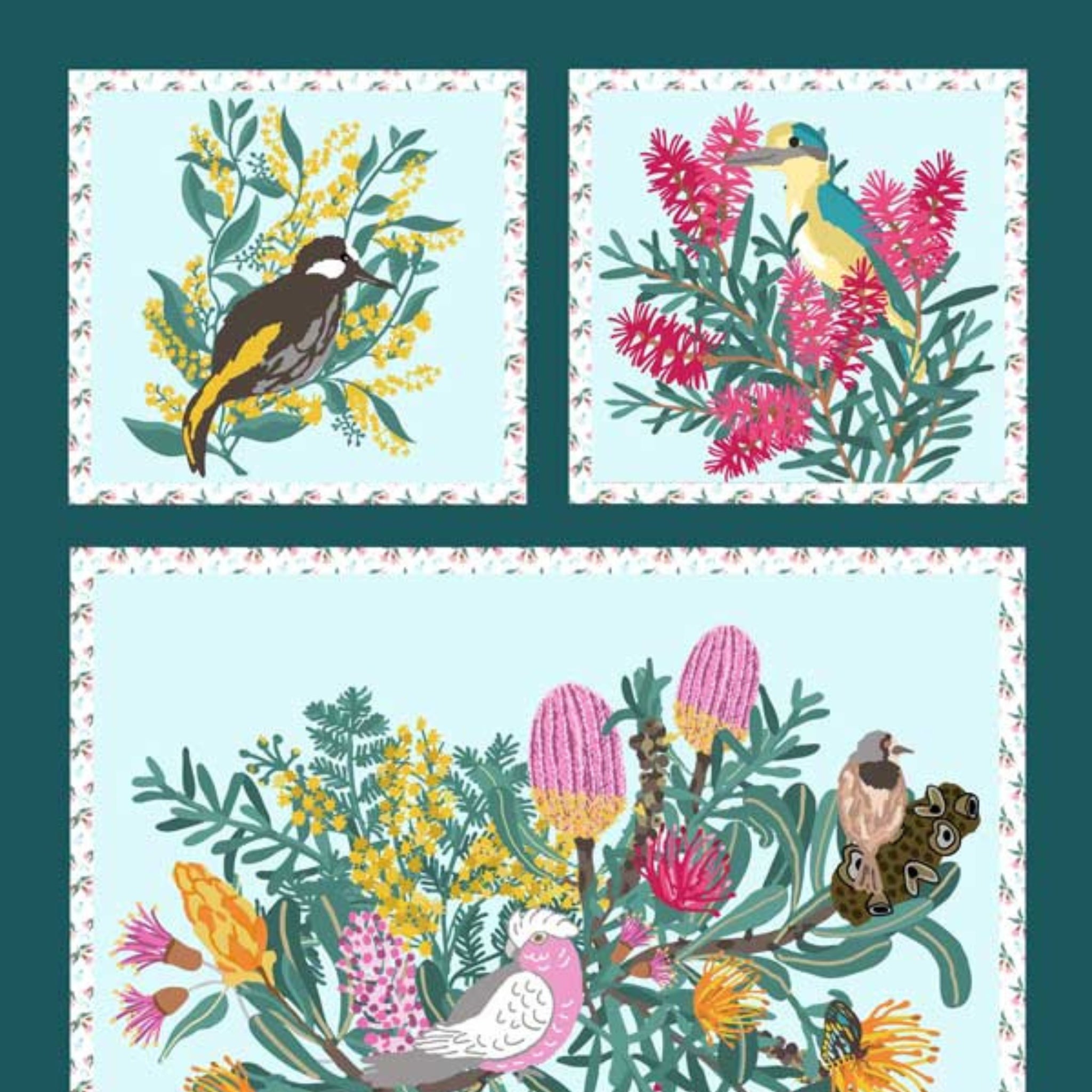 Native Bouquet panel Australian flora fauna banksia protea galah kingfisher aqua fabric for wall hangings cushions and patchwork projects