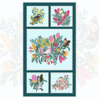 Native Bouquet panel Australian flora fauna banksia protea galah kingfisher aqua fabric for wall hangings cushions and patchwork projects