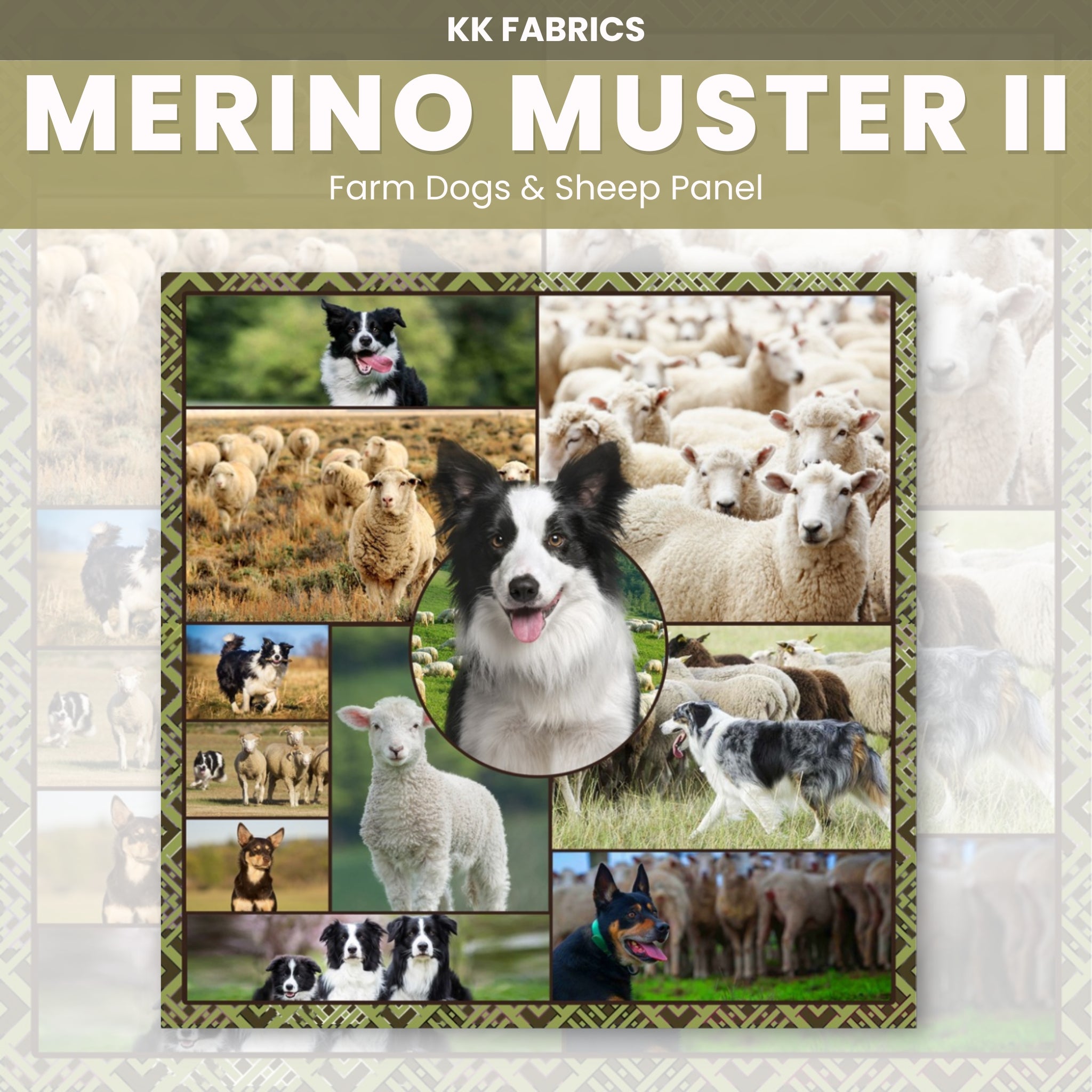 Border collie kelpie farm dog sheep panel realistic working dogs fabric for farm animal quilts and farmer gifts