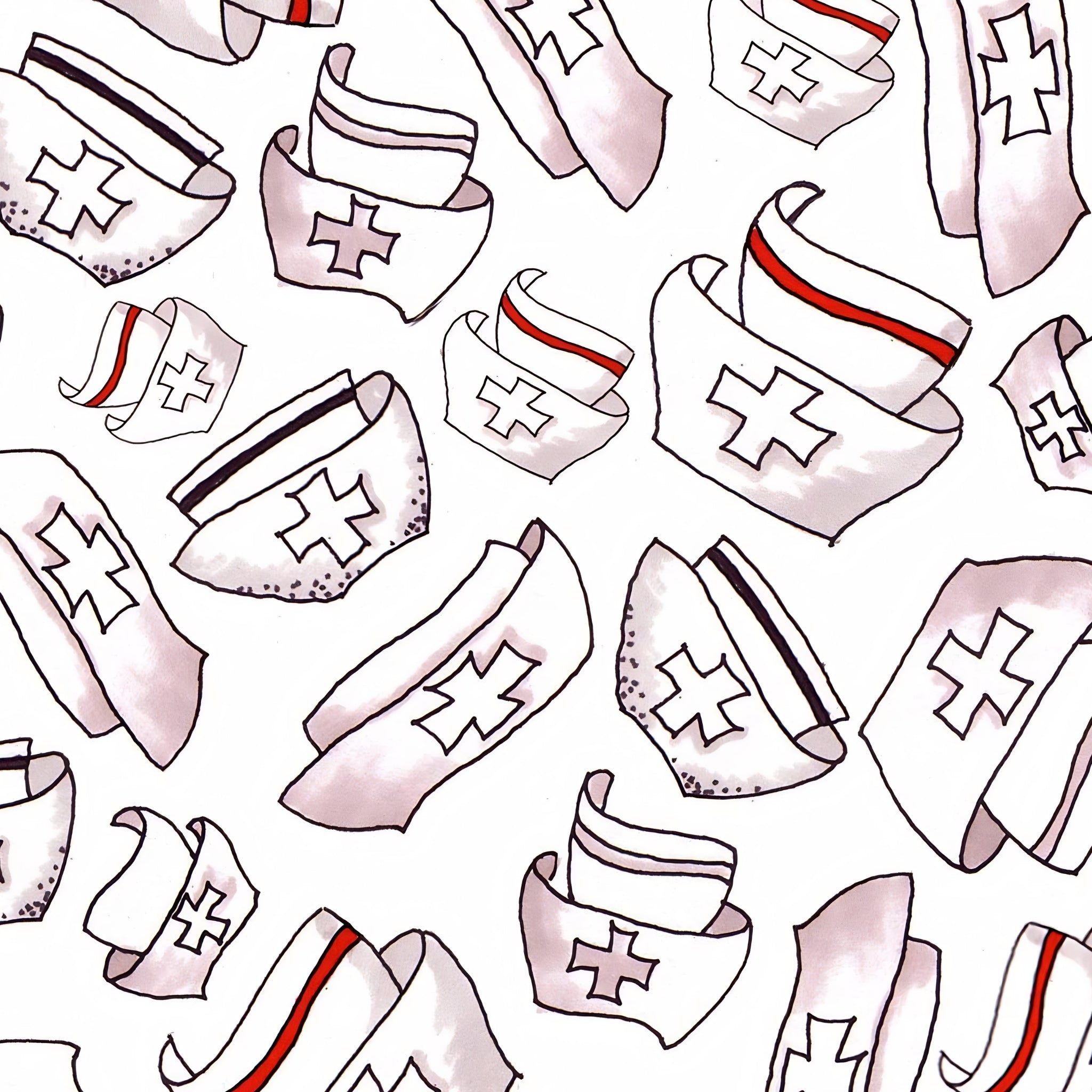 Novelty tossed nurse caps red black stripe cross details white fabric for nurse quilts scrub caps and healthcare gifts Loralie Harris Designs
